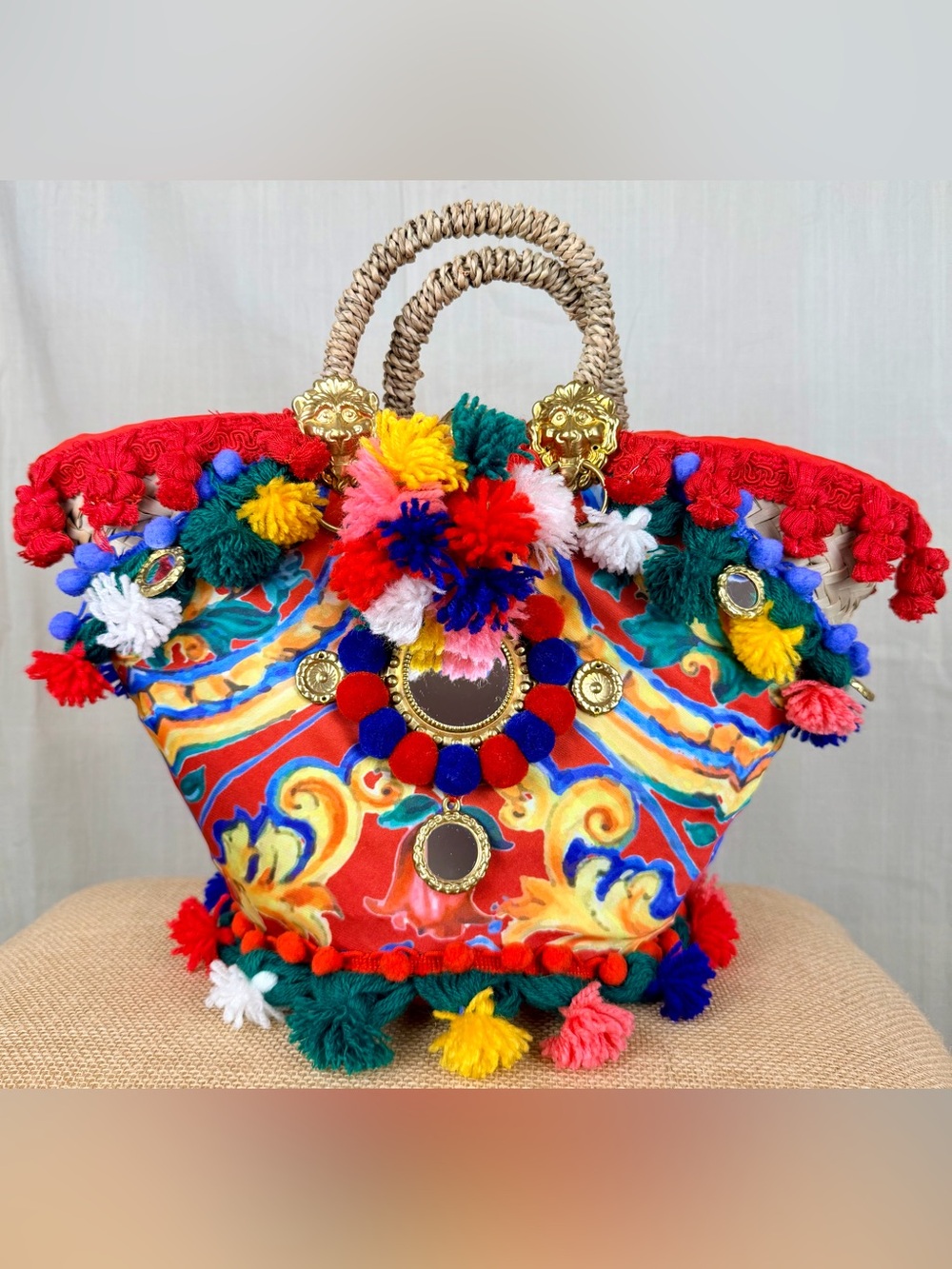 Italy Boho Pom-Pom Hand Made Straw Italian Designer Style Tote Bag Multicolor - Picture 2 of 11